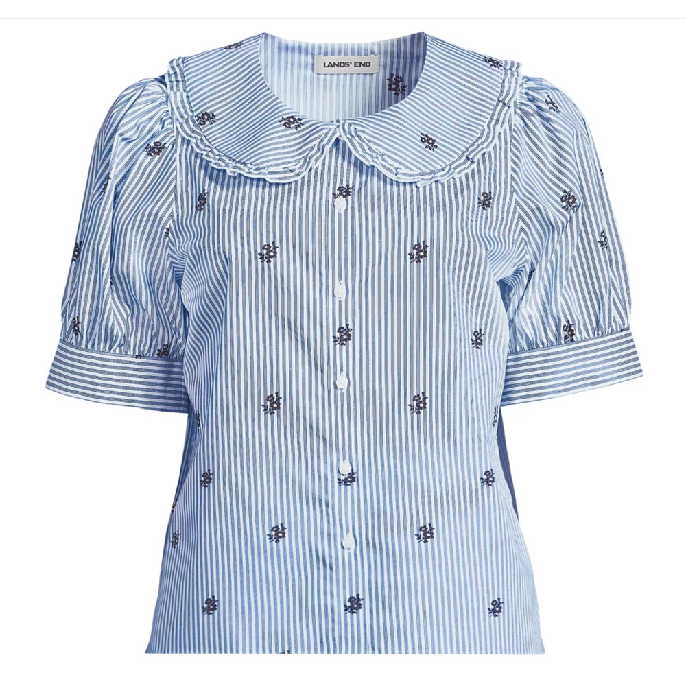 Lands End Women's L Cotton Puff Sleeve Statement Collar Shirt Blue White Stripe - Picture 3 of 15